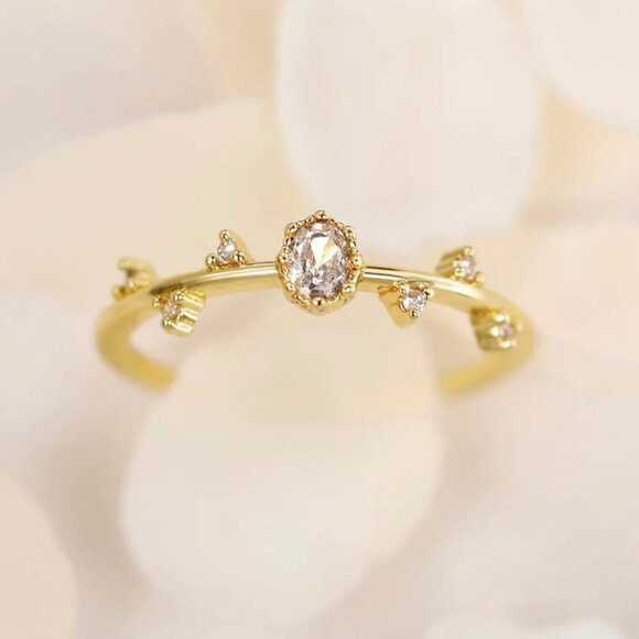 NWT Dainty Ring 14K Gold Plated Oval Cubic Zirconia Sz. 8 Delicate Fairy - Picture 1 of 10